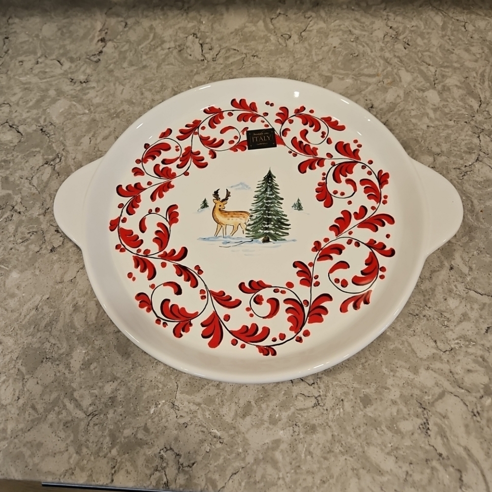 Nova Deruta Christmas Platter Circle 12" Reindeer Evergreen Trees Made In Italy